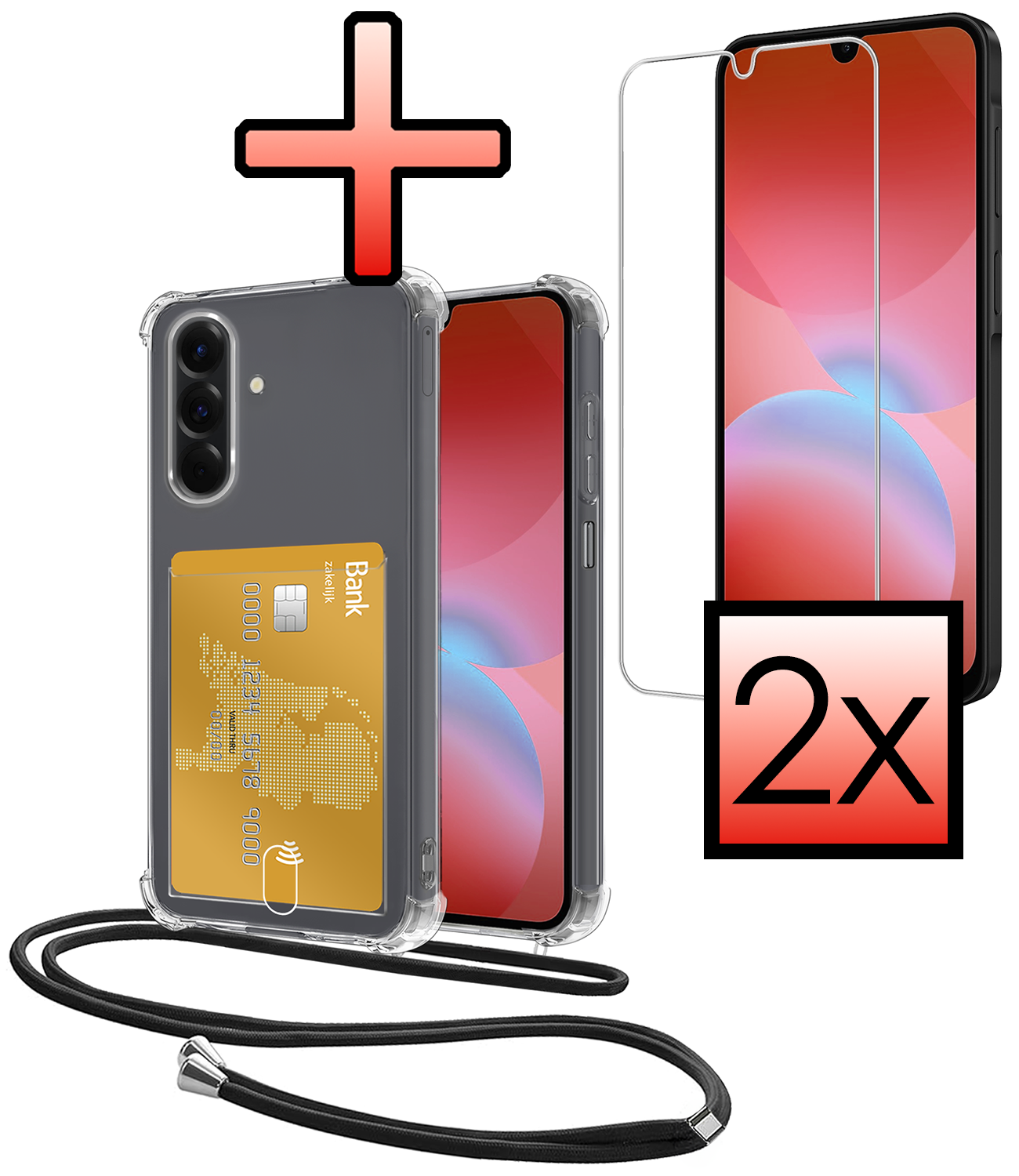 NoXx NoXx Samsung Galaxy A26 Hoesje Pashouder met Koord Met 2x Screenprotector