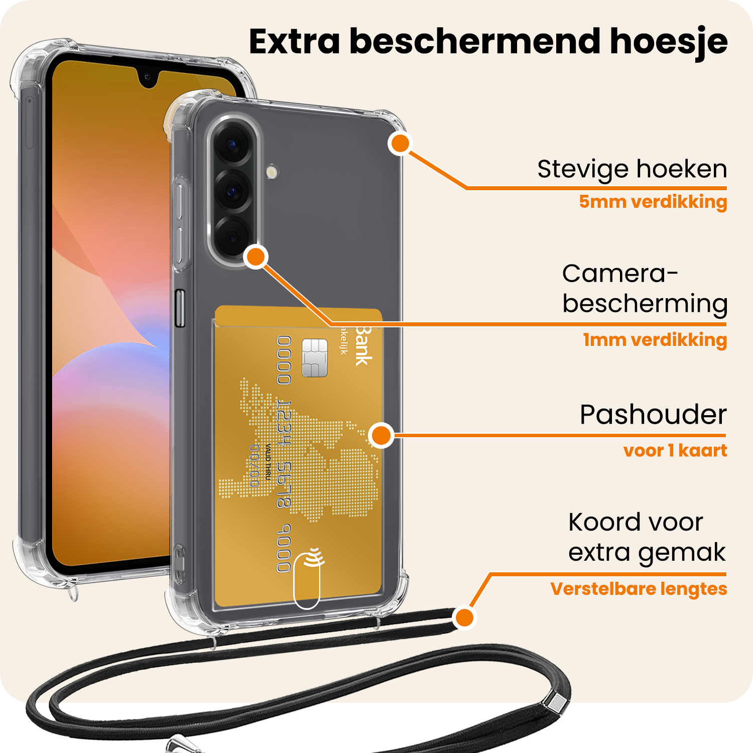 Nomfy Nomfy Samsung Galaxy A26 Hoesje Pashouder met Koord Met Screenprotector