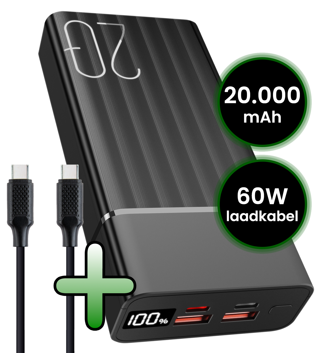 BASEY. BASEY. Powerbank 20000 mAh - USB C & USB A - Snellader 22.5W - Inclusief 60W Laadkabel 1,5m - LED Display - Noodpakket Power Delivery - Zwart