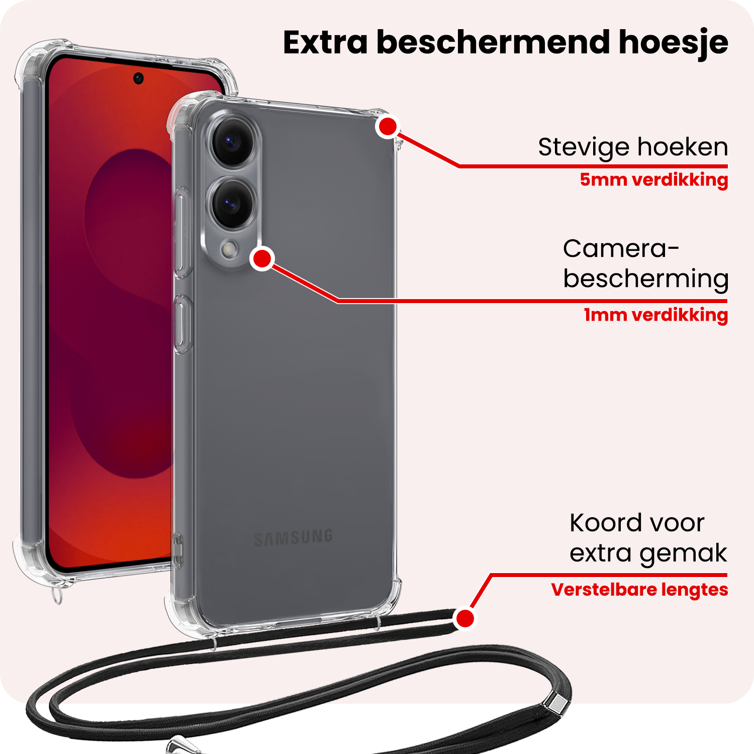 NoXx NoXx Samsung Galaxy S25 Edge Hoesje Transparant Shockproof Met Zwart Koord