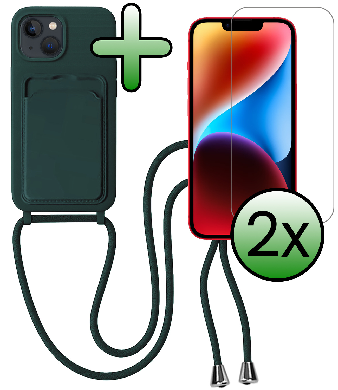 BASEY. BASEY. iPhone 13 Hoesje Pashouder met Koord Met 2x Screenprotector - Donkergroen