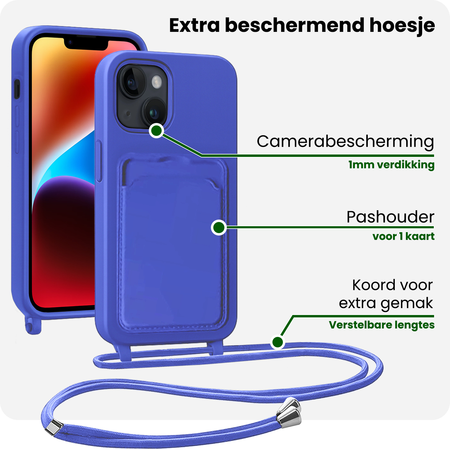 BASEY. BASEY. iPhone 13 Hoesje Pashouder met Koord Met 2x Screenprotector - Fel Blauw