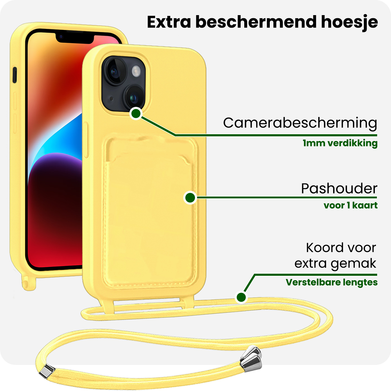 BASEY. BASEY. iPhone 13 Hoesje Pashouder met Koord Met Screenprotector - Geel