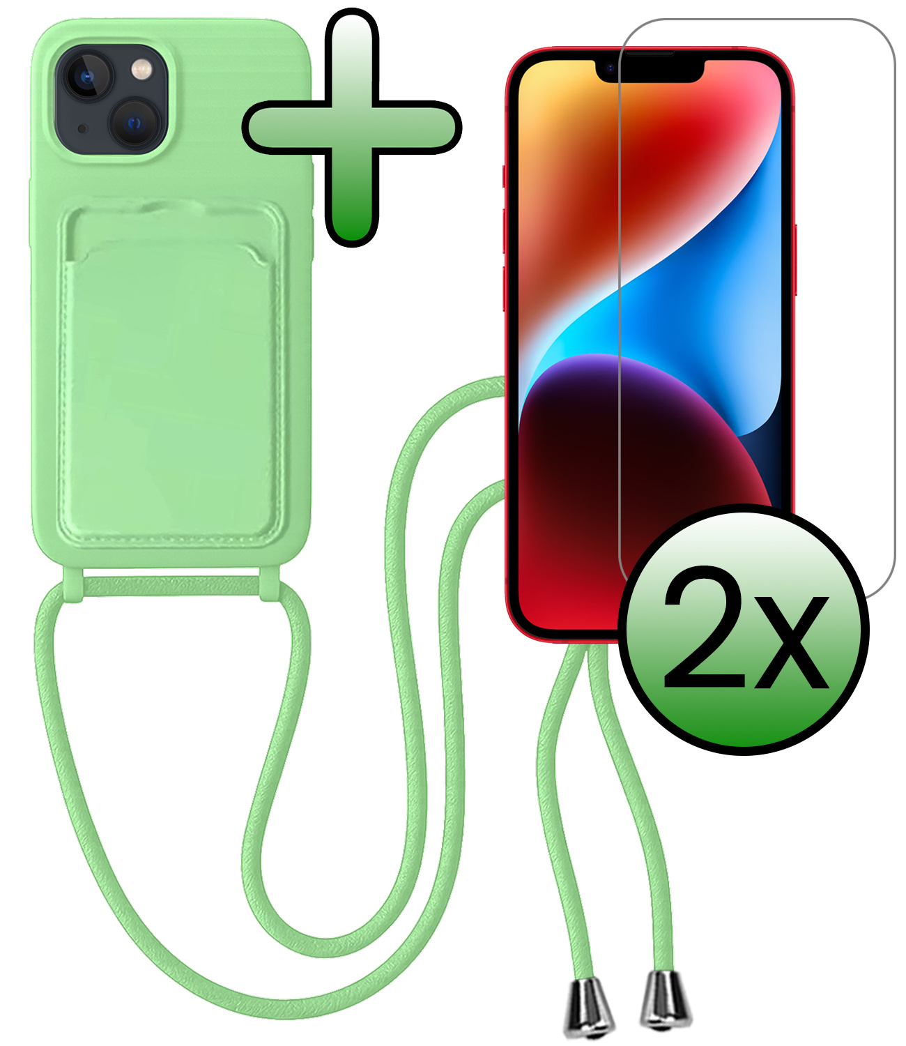 BASEY. BASEY. iPhone 13 Hoesje Pashouder met Koord Met 2x Screenprotector - Groen