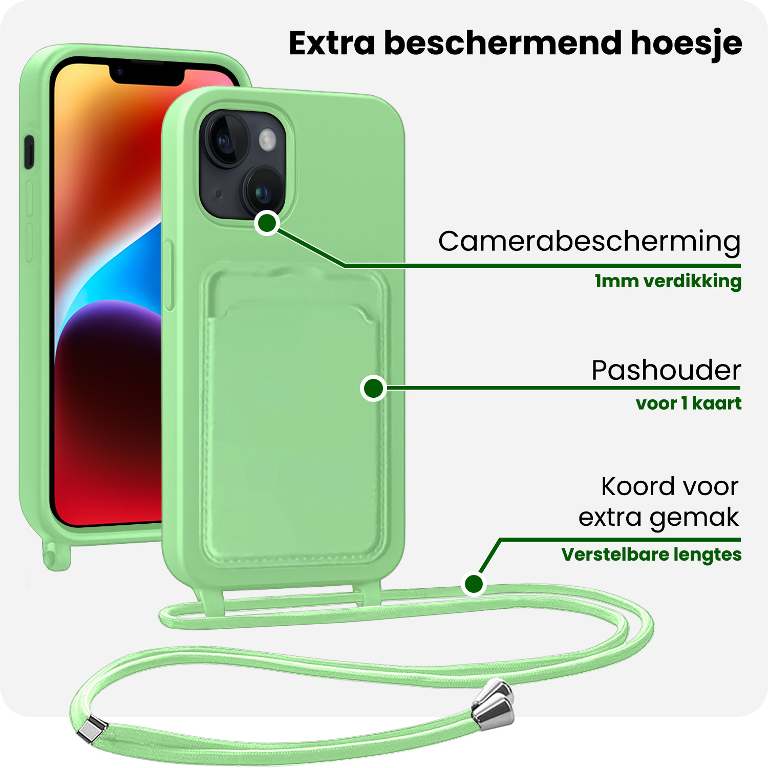 BASEY. BASEY. iPhone 13 Hoesje Pashouder met Koord Met 2x Screenprotector - Groen