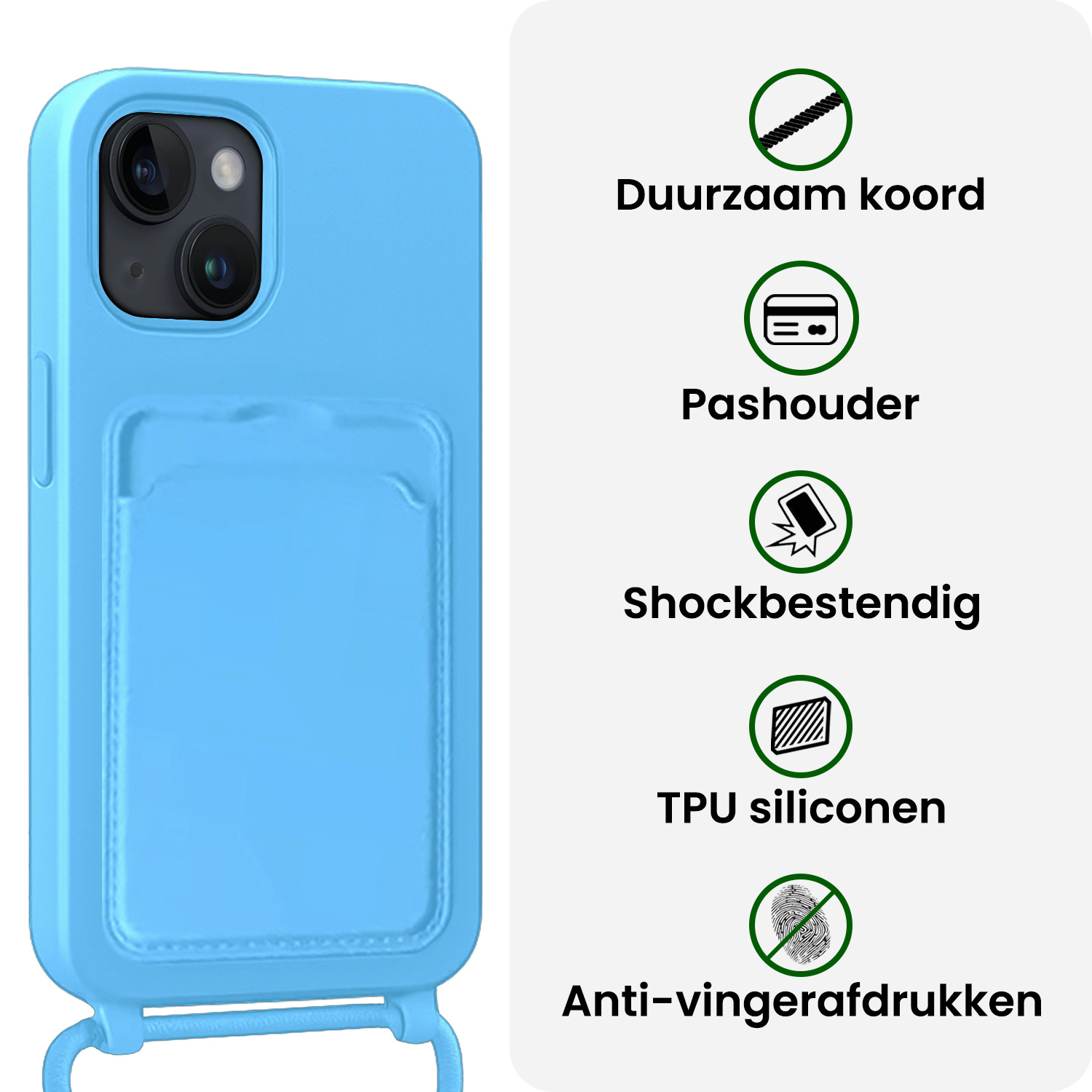 BASEY. BASEY. iPhone 13 Hoesje Pashouder met Koord Met Screenprotector - Lichtblauw