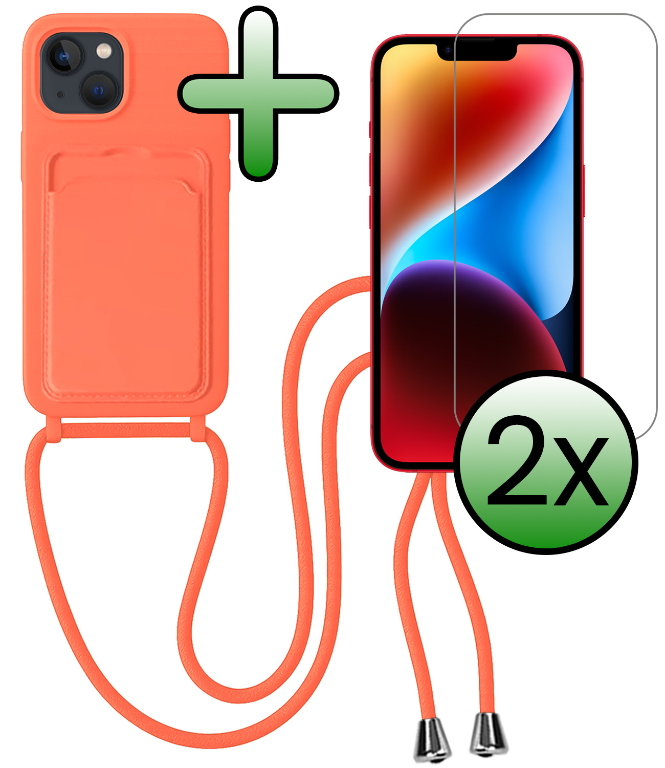 BASEY. BASEY. iPhone 13 Hoesje Pashouder met Koord Met 2x Screenprotector - Papaya