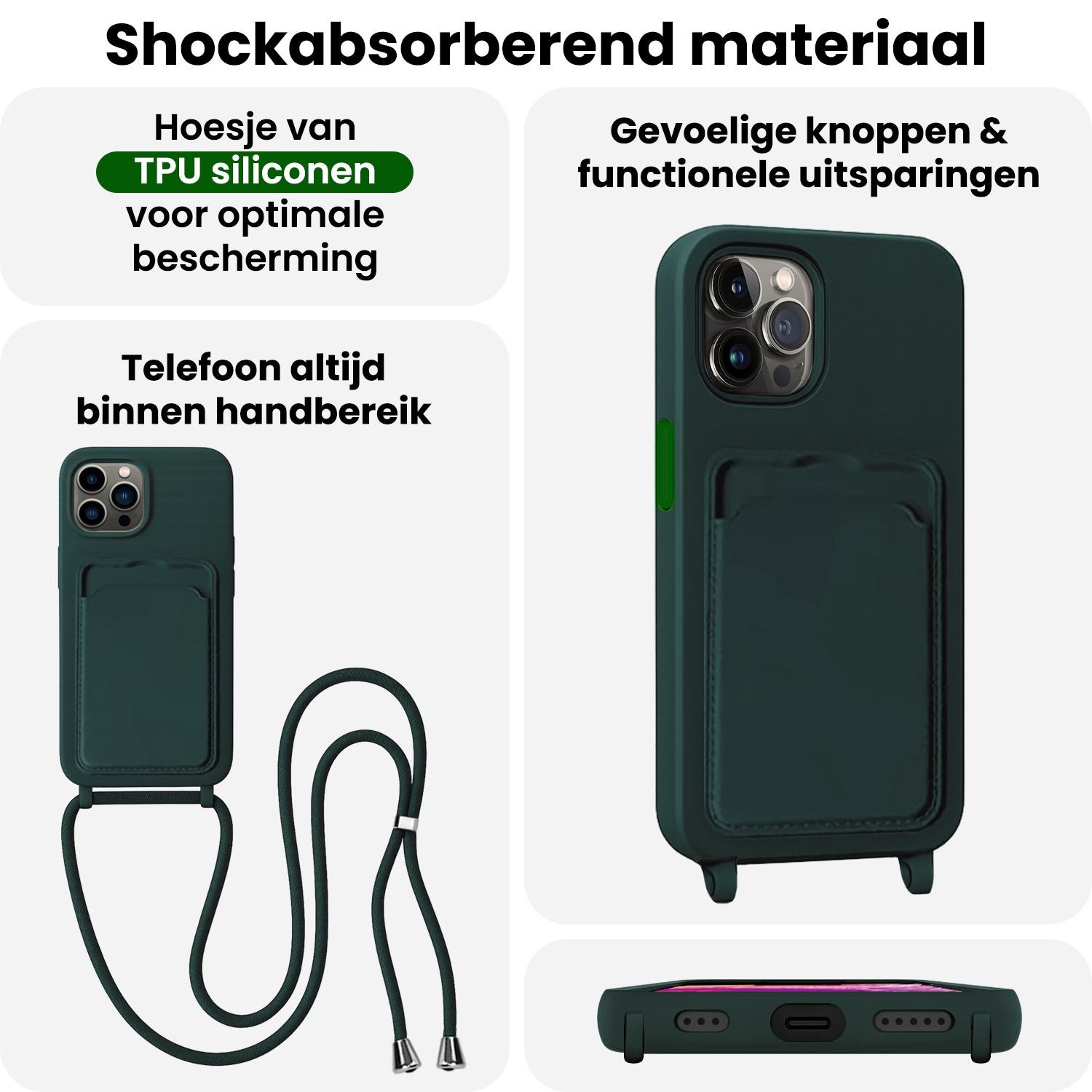 BASEY. BASEY. iPhone 13 Pro Hoesje Pashouder met Koord Met Screenprotector - Donkergroen