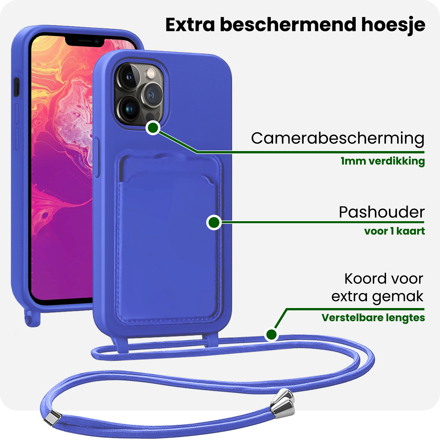 BASEY. BASEY. iPhone 13 Pro Hoesje Pashouder met Koord Met 2x Screenprotector - Fel Blauw