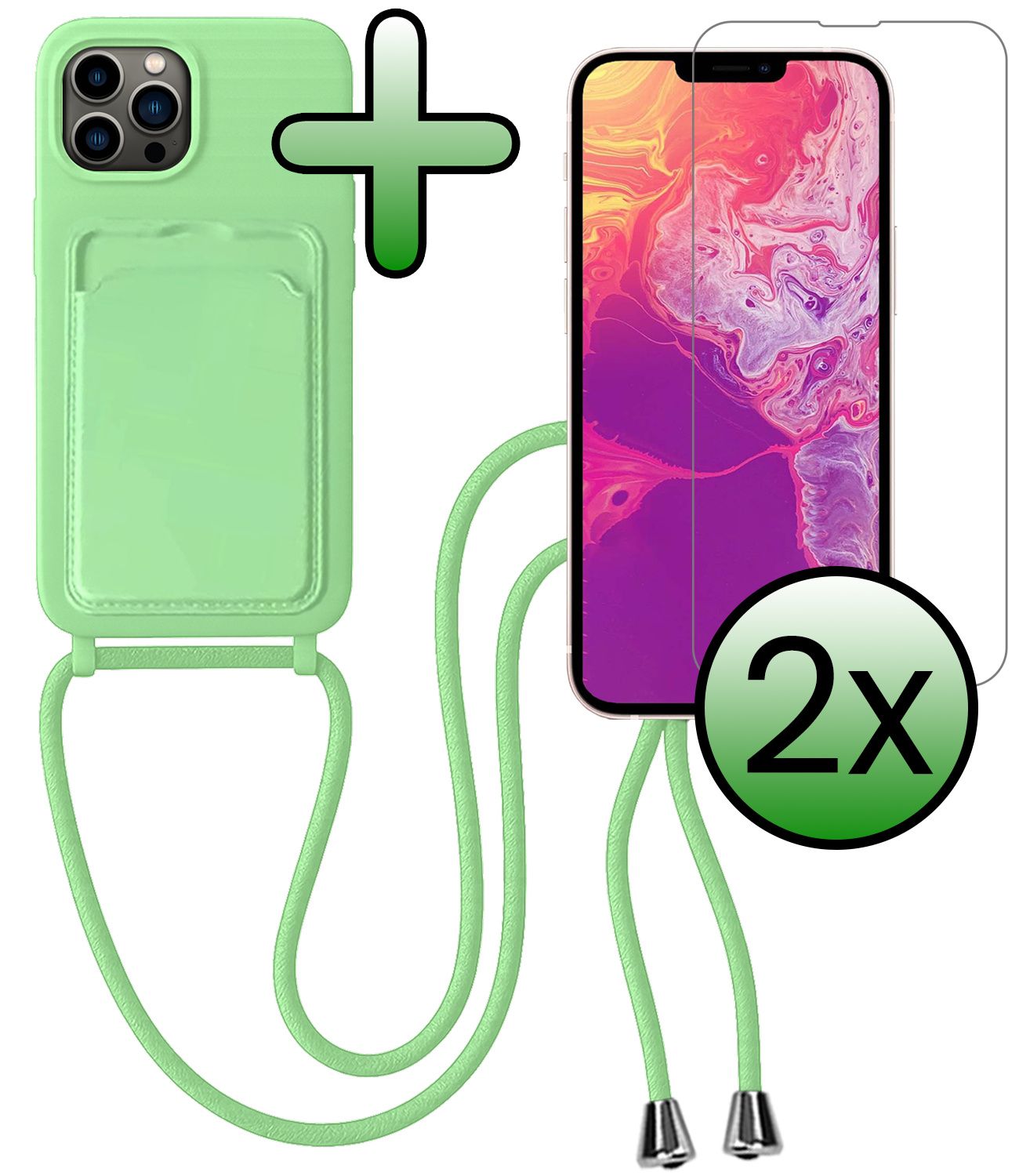BASEY. BASEY. iPhone 13 Pro Hoesje Pashouder met Koord Met 2x Screenprotector - Groen