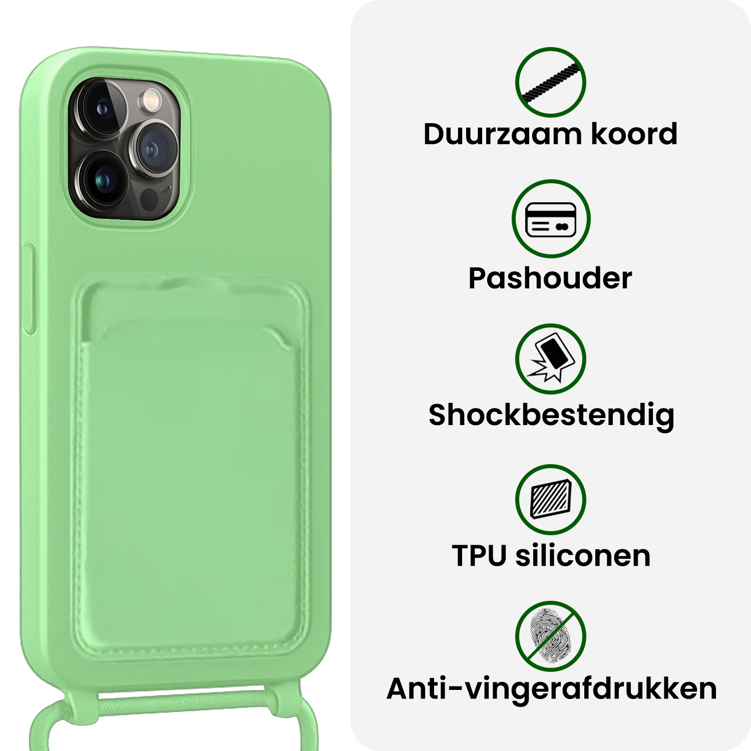 BASEY. BASEY. iPhone 13 Pro Hoesje Pashouder met Koord Met 2x Screenprotector - Groen