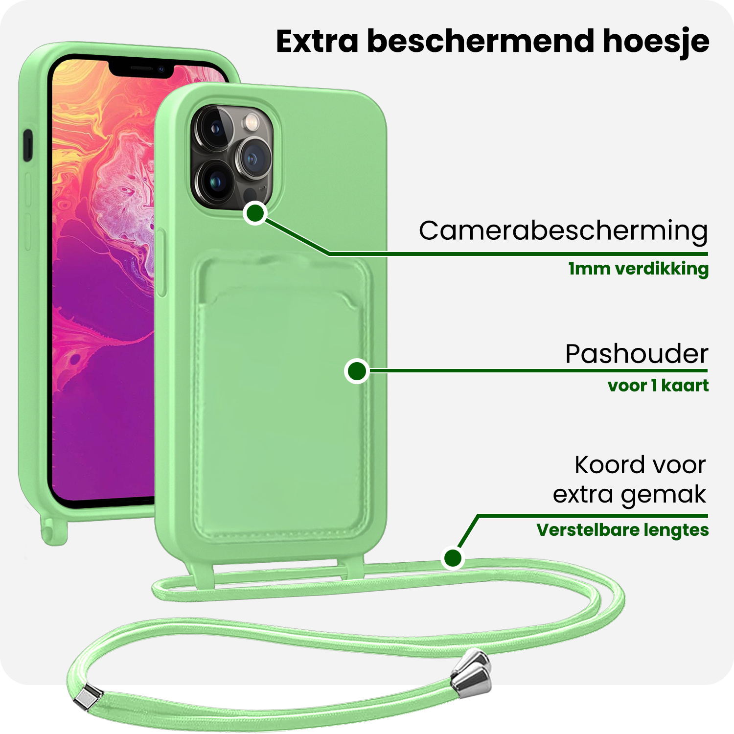 BASEY. BASEY. iPhone 13 Pro Hoesje Pashouder met Koord Met 2x Screenprotector - Groen