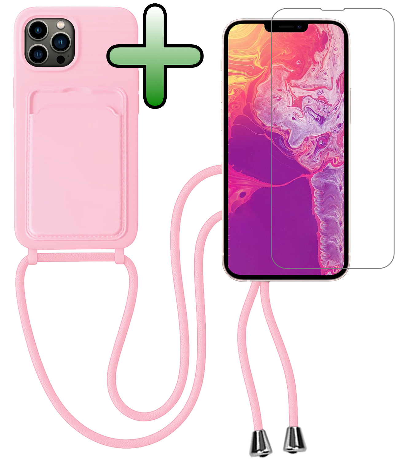 BASEY. BASEY. iPhone 13 Pro Hoesje Pashouder met Koord Met Screenprotector - Lichtroze