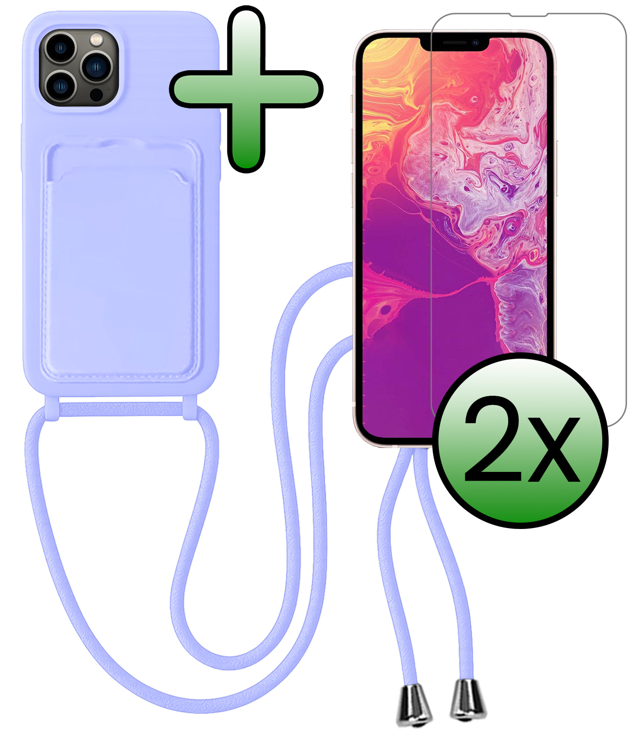 BASEY. BASEY. iPhone 13 Pro Hoesje Pashouder met Koord Met 2x Screenprotector - Lila