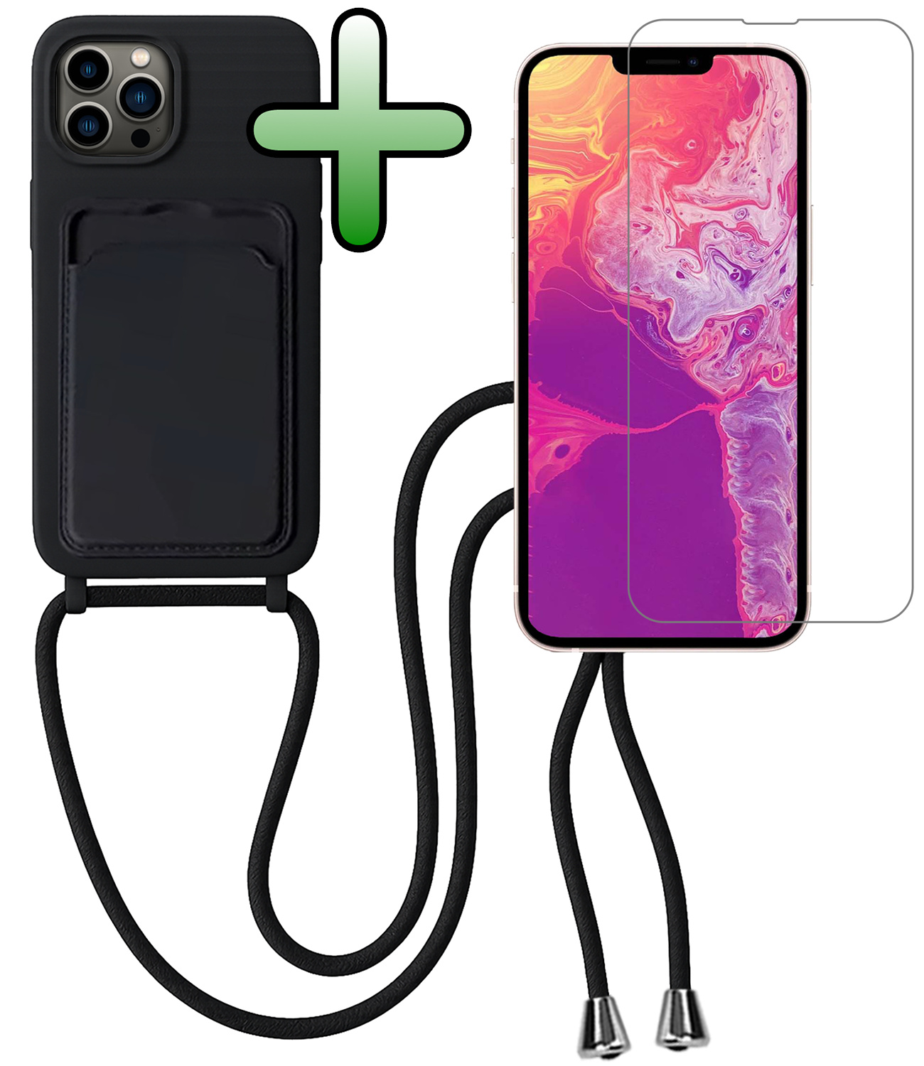 BASEY. BASEY. iPhone 13 Pro Hoesje Pashouder met Koord Met Screenprotector - Zwart