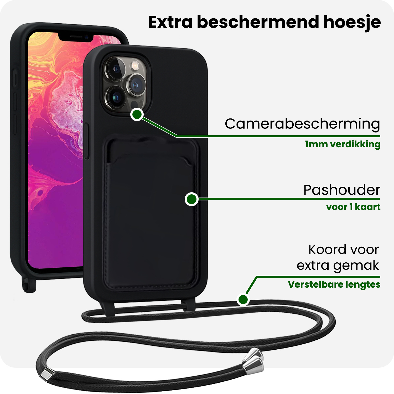 BASEY. BASEY. iPhone 13 Pro Hoesje Pashouder met Koord Met 2x Screenprotector - Zwart