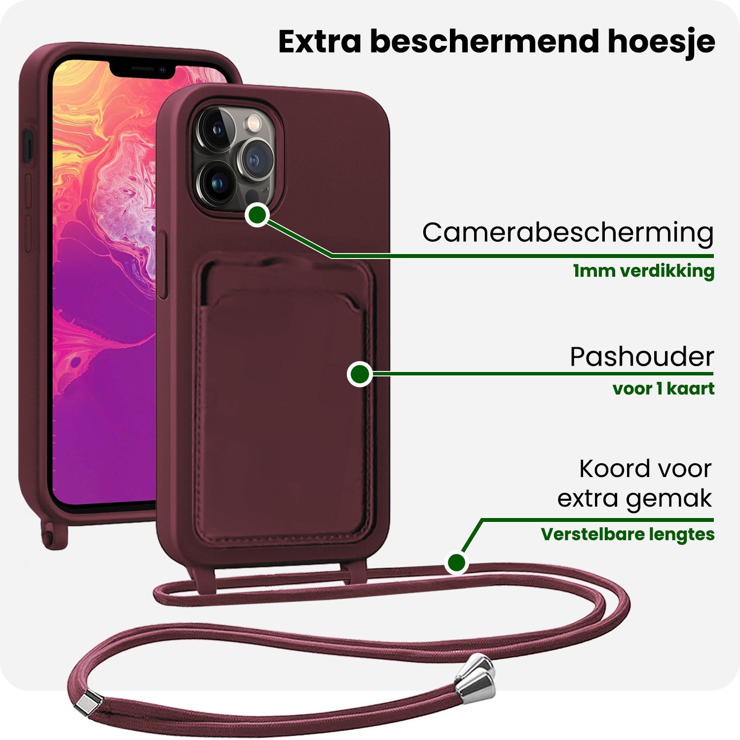 BASEY. BASEY. iPhone 13 Pro Max Hoesje Pashouder met Koord - Aubergine