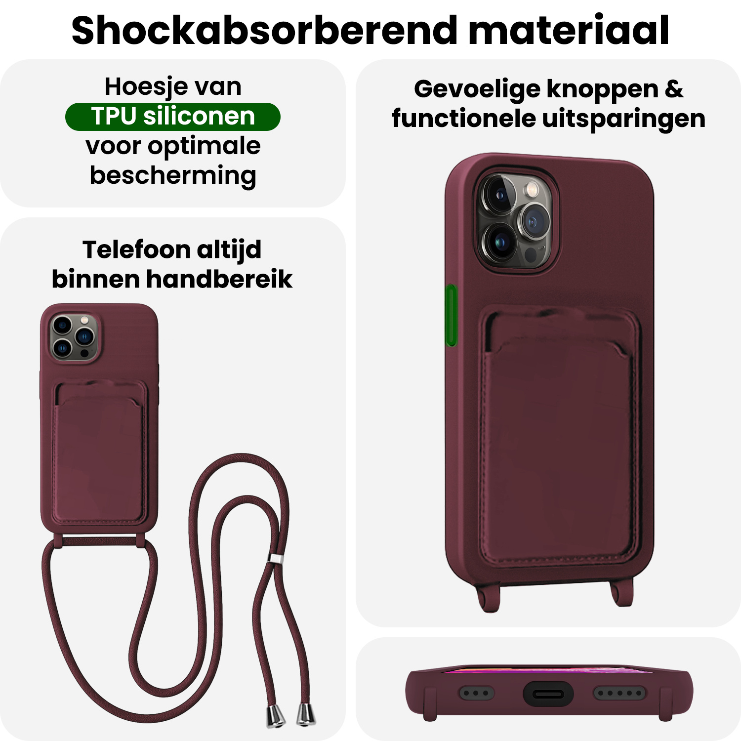 BASEY. BASEY. iPhone 13 Pro Max Hoesje Pashouder met Koord Met Screenprotector - Aubergine
