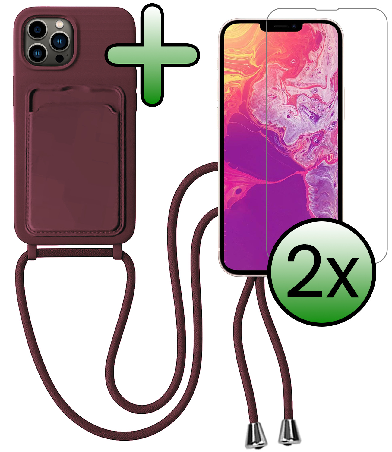 BASEY. BASEY. iPhone 13 Pro Max Hoesje Pashouder met Koord Met 2x Screenprotector - Aubergine
