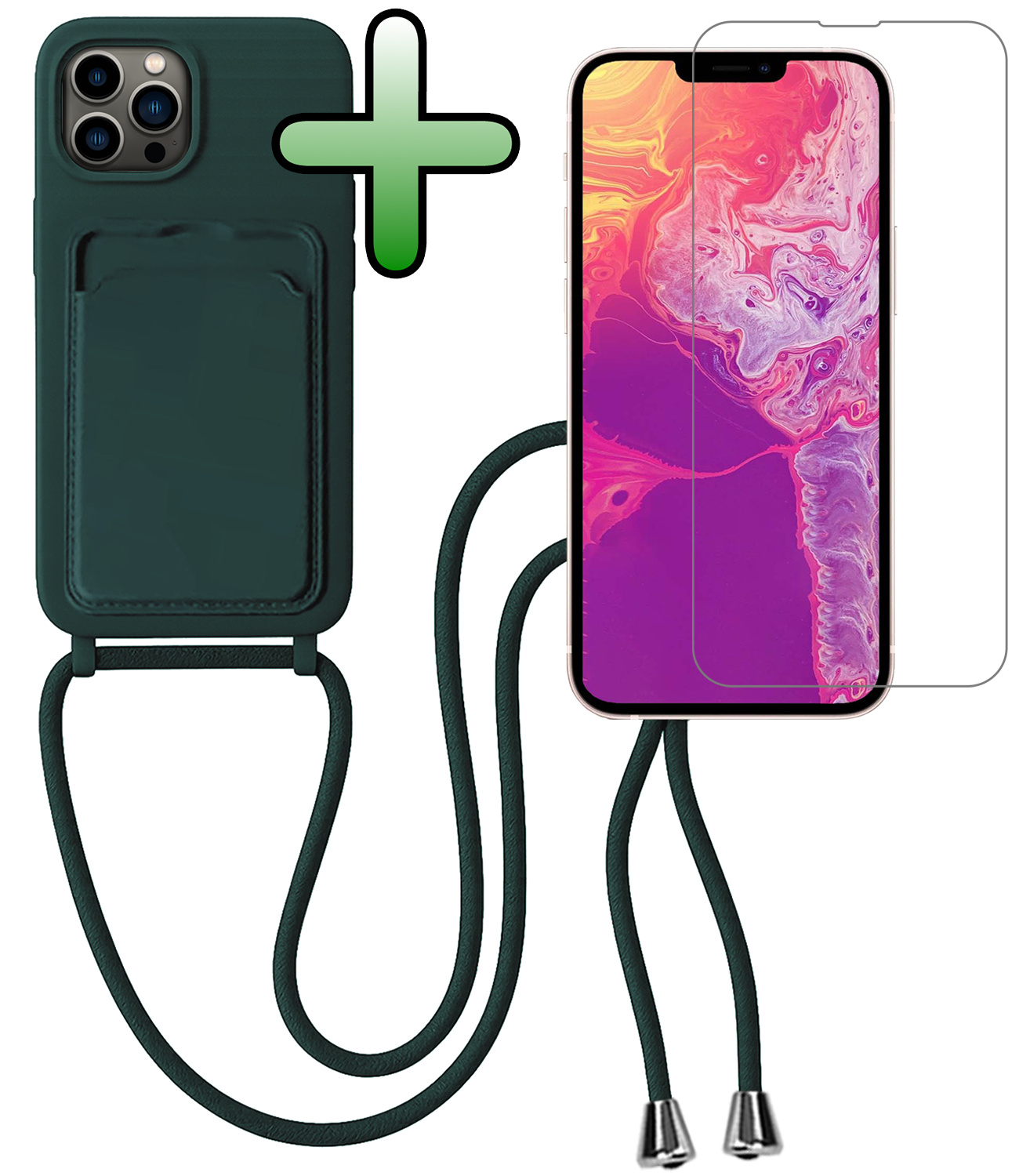 BASEY. BASEY. iPhone 13 Pro Max Hoesje Pashouder met Koord Met Screenprotector - Donkergroen