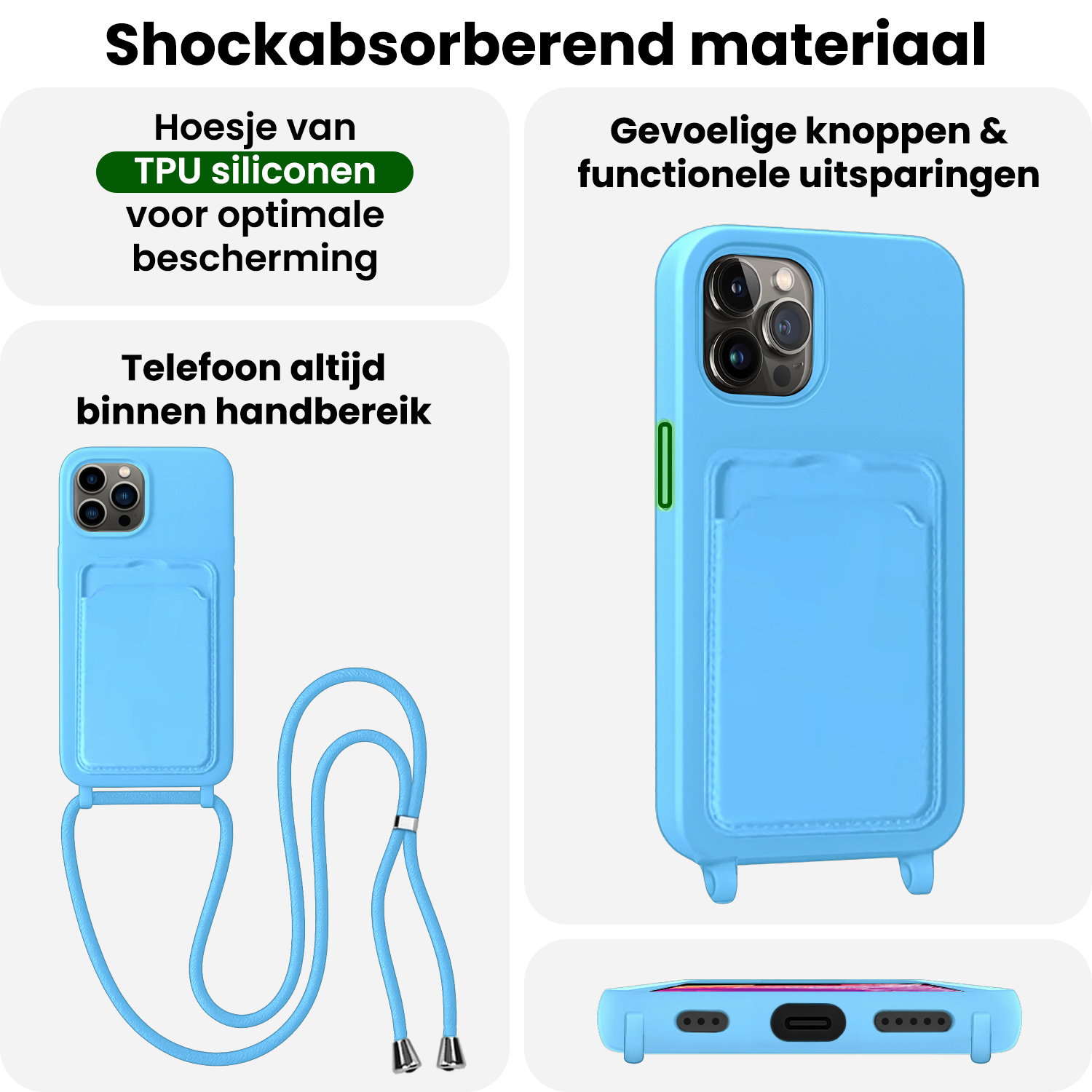 BASEY. BASEY. iPhone 13 Pro Max Hoesje Pashouder met Koord Met Screenprotector - Lichtblauw