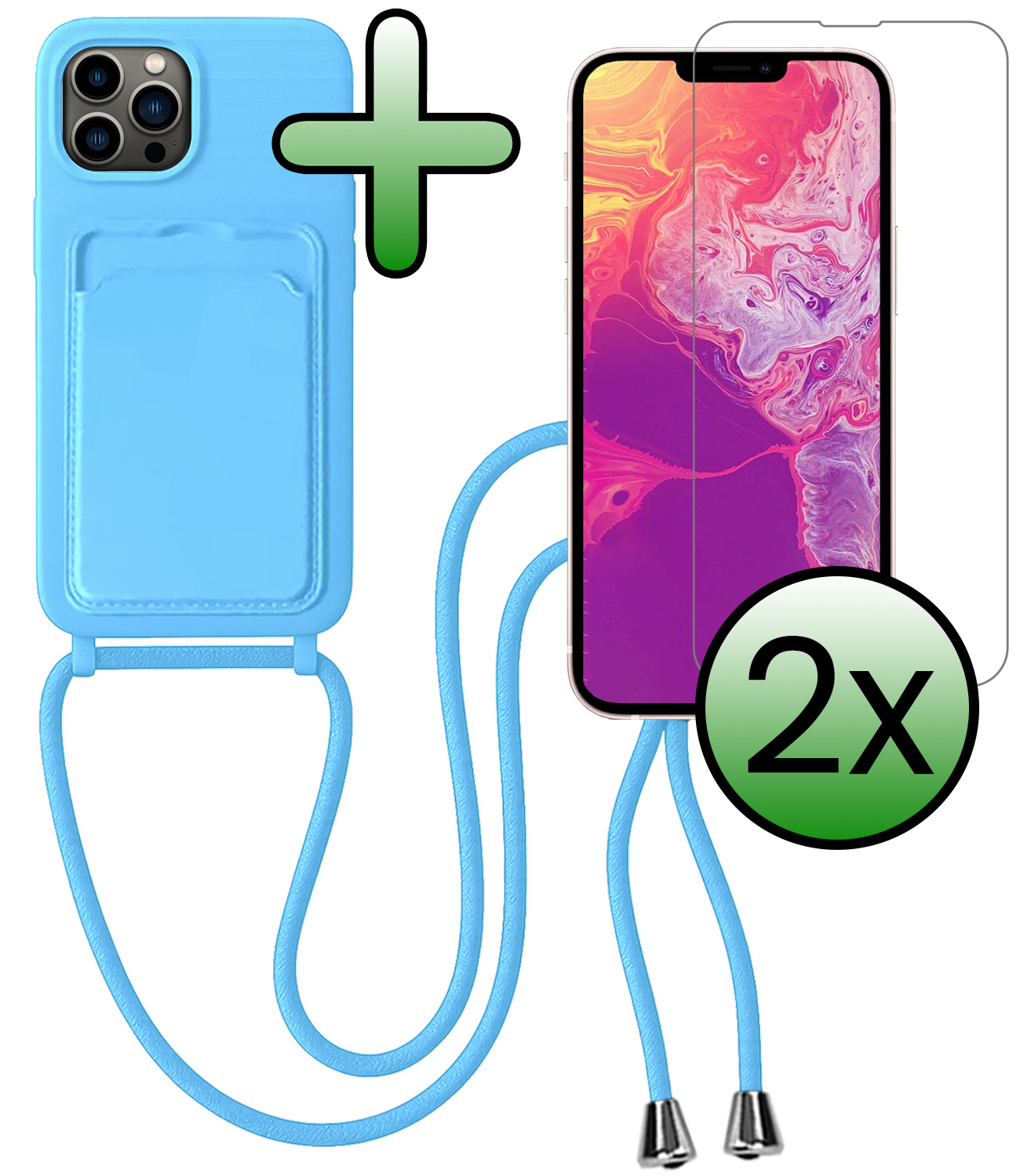 BASEY. BASEY. iPhone 13 Pro Max Hoesje Pashouder met Koord Met 2x Screenprotector - Lichtblauw