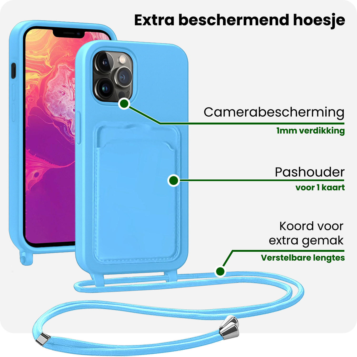 BASEY. BASEY. iPhone 13 Pro Max Hoesje Pashouder met Koord Met 2x Screenprotector - Lichtblauw