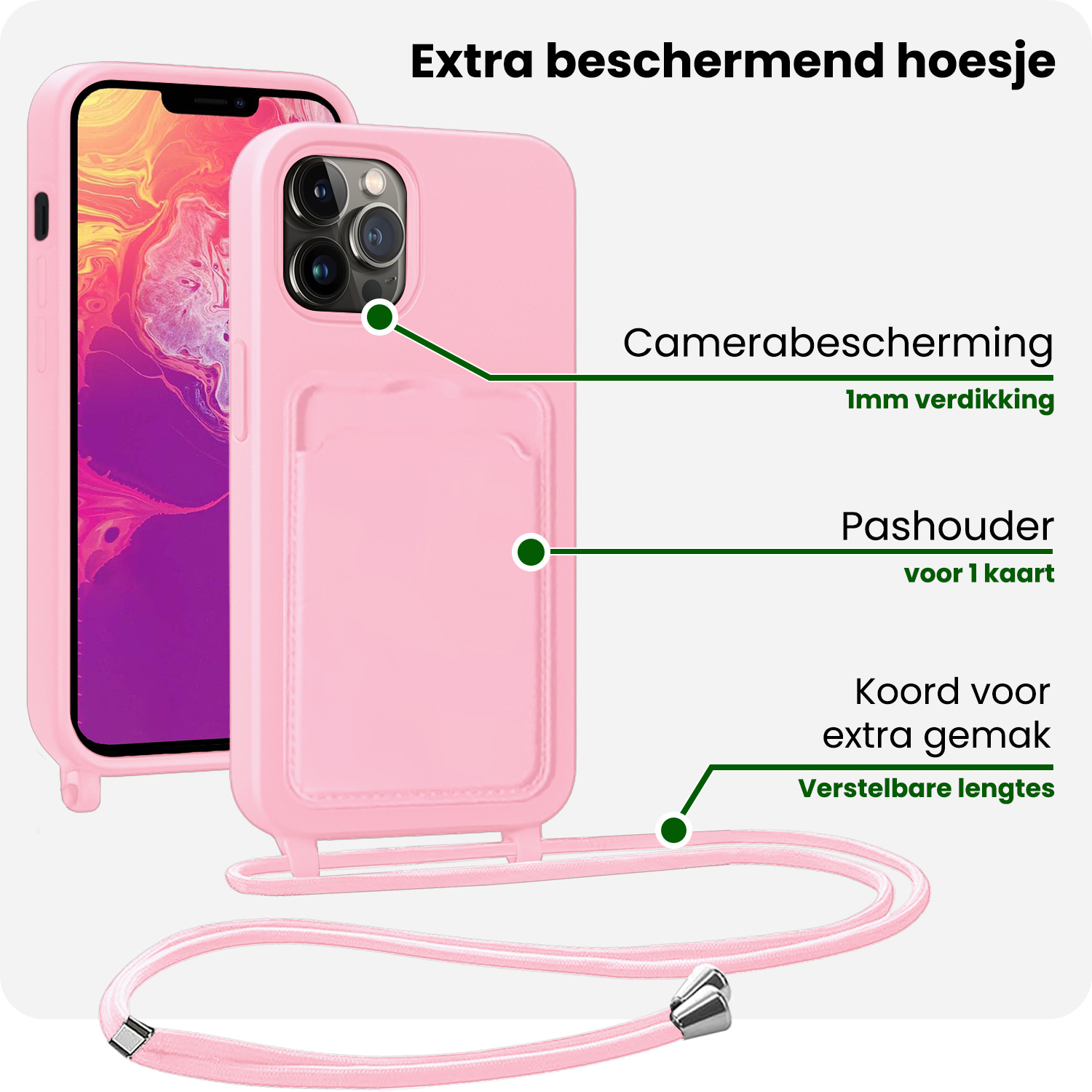 BASEY. BASEY. iPhone 13 Pro Max Hoesje Pashouder met Koord Met Screenprotector - Lichtroze