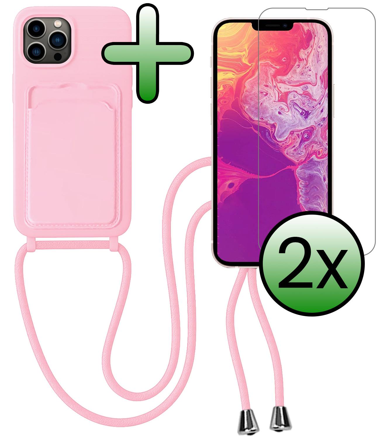 BASEY. BASEY. iPhone 13 Pro Max Hoesje Pashouder met Koord Met 2x Screenprotector - Lichtroze