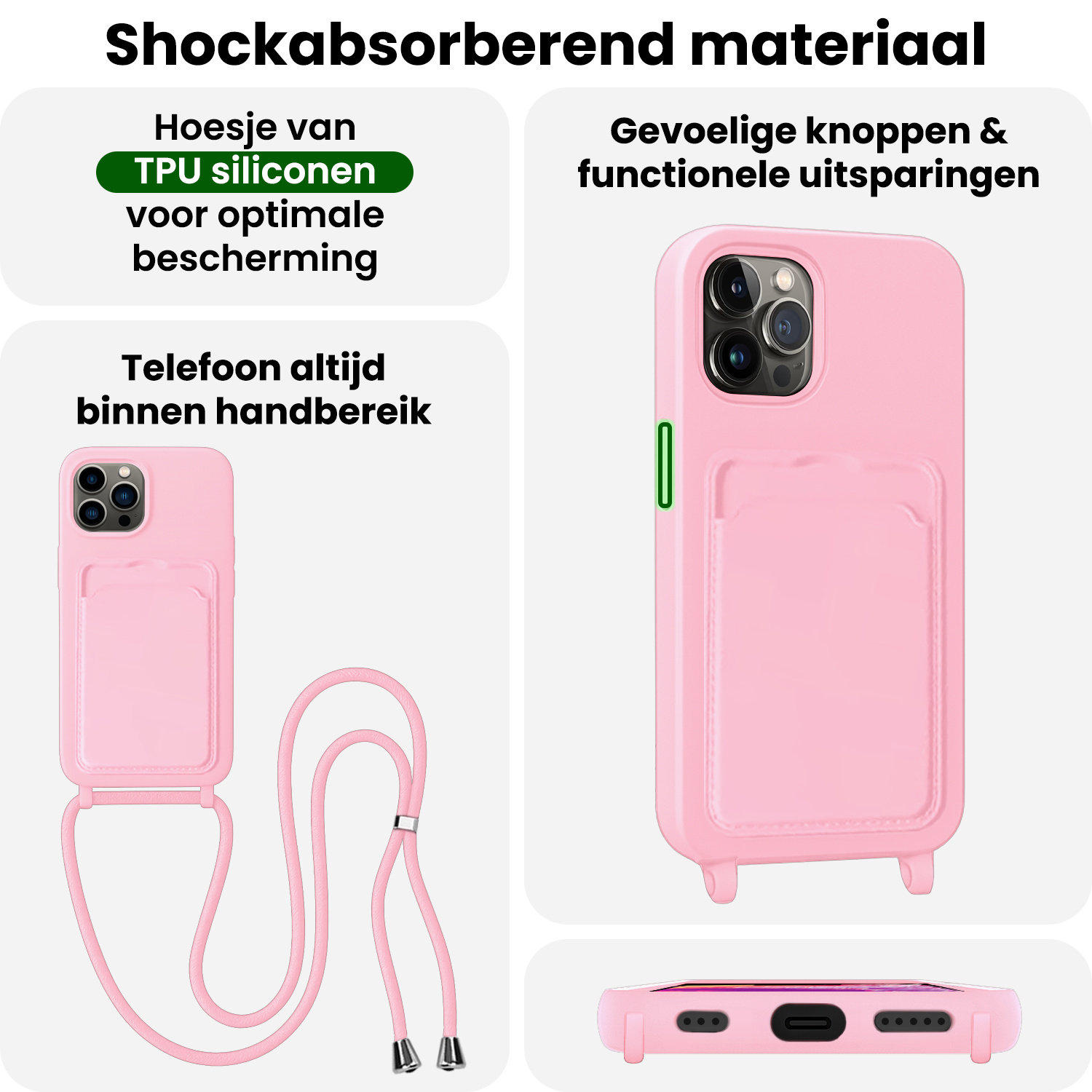 BASEY. BASEY. iPhone 13 Pro Max Hoesje Pashouder met Koord Met 2x Screenprotector - Lichtroze