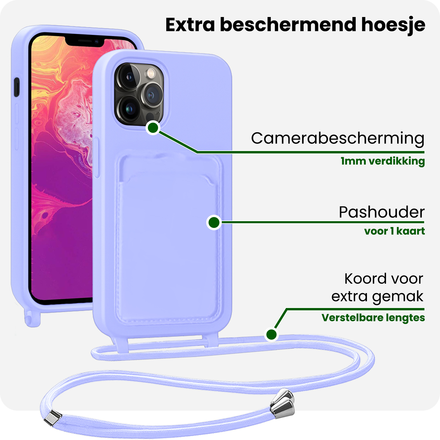 BASEY. BASEY. iPhone 13 Pro Max Hoesje Pashouder met Koord Met 2x Screenprotector - Lila