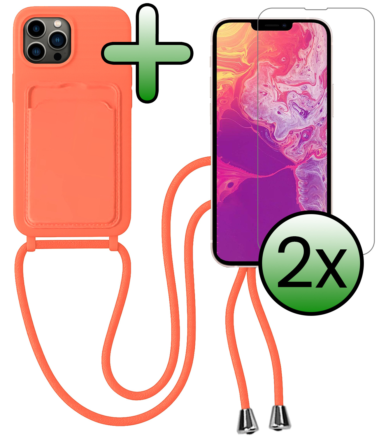 BASEY. BASEY. iPhone 13 Pro Max Hoesje Pashouder met Koord Met 2x Screenprotector - Papaya