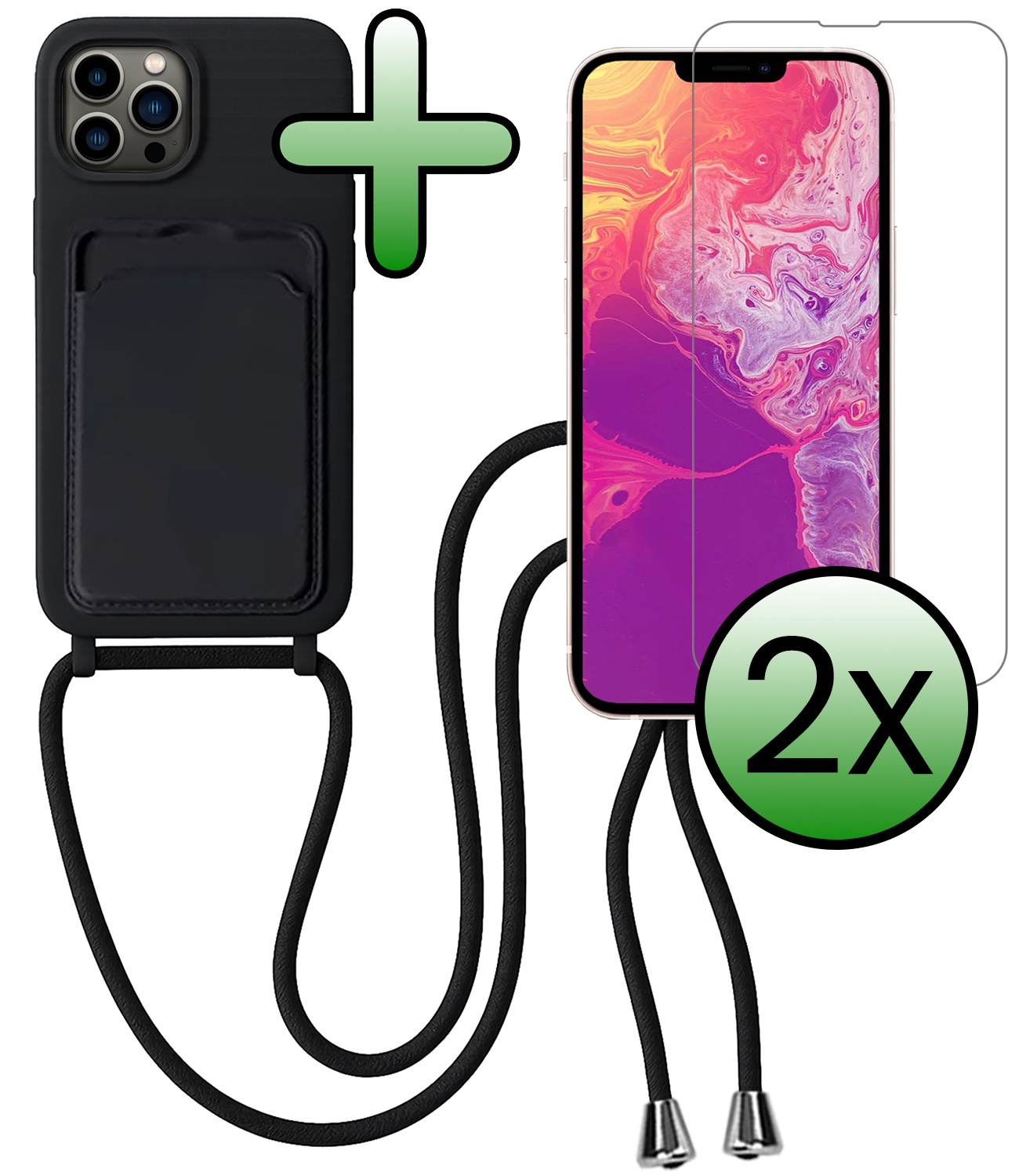 BASEY. BASEY. iPhone 13 Pro Max Hoesje Pashouder met Koord Met 2x Screenprotector - Zwart