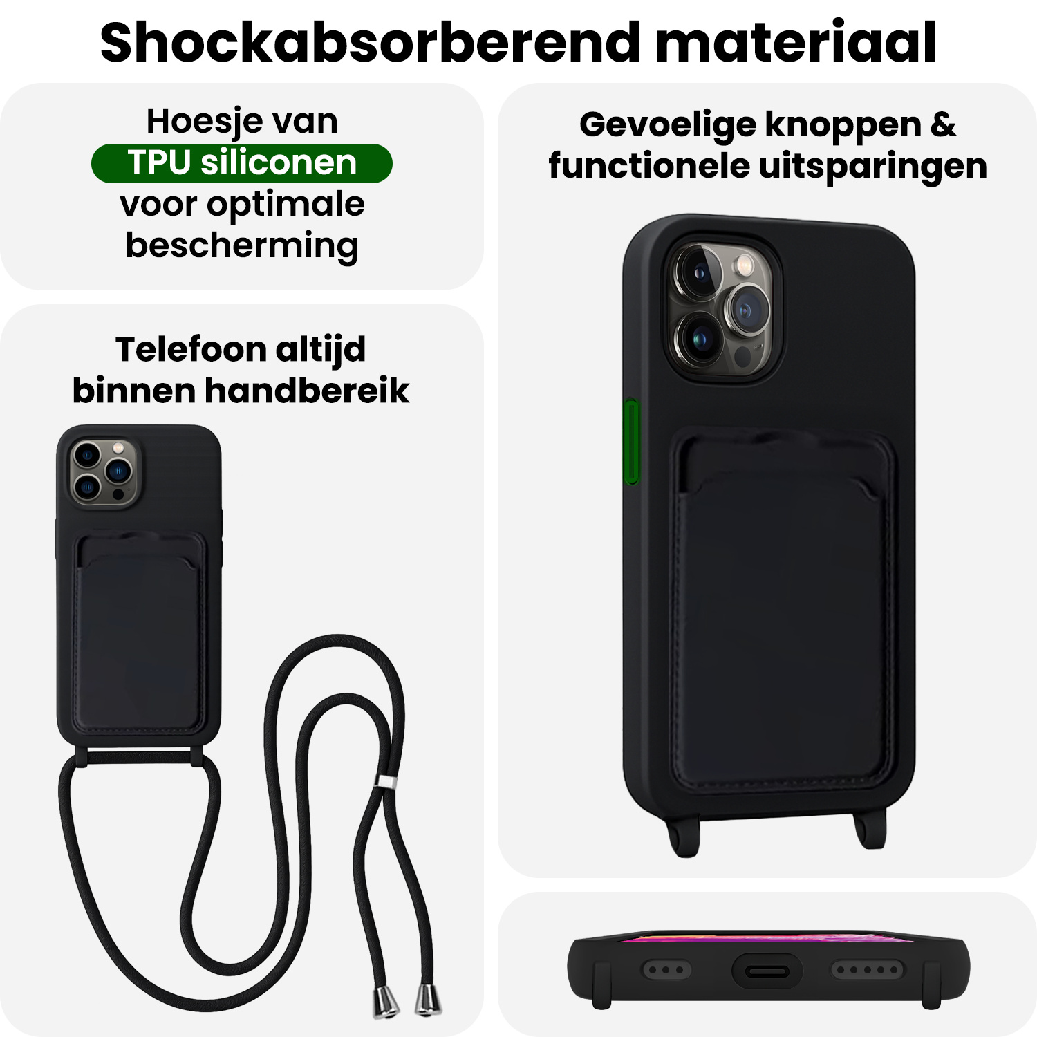 BASEY. BASEY. iPhone 13 Pro Max Hoesje Pashouder met Koord Met 2x Screenprotector - Zwart