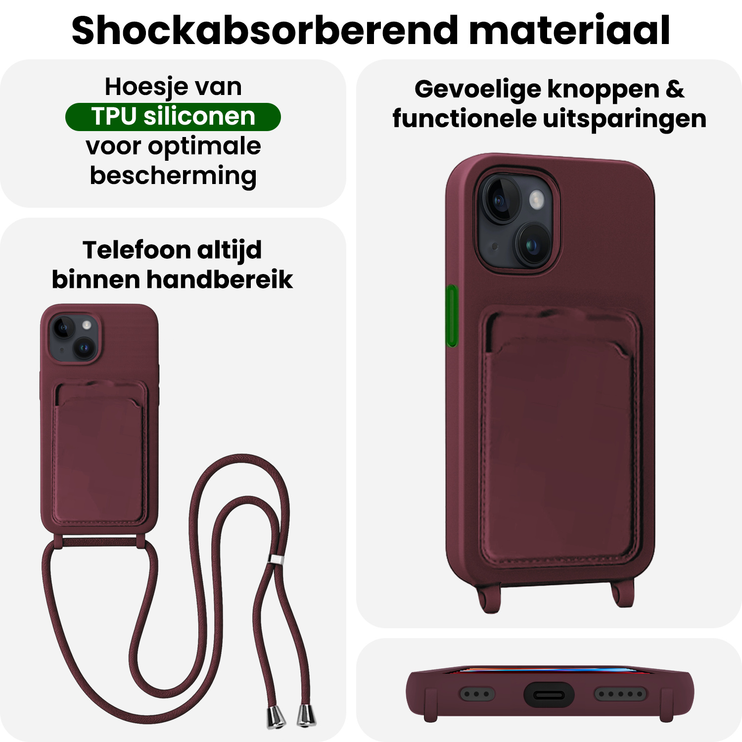 BASEY. BASEY. iPhone 14 Plus Hoesje Pashouder met Koord - Aubergine - 2 PACK