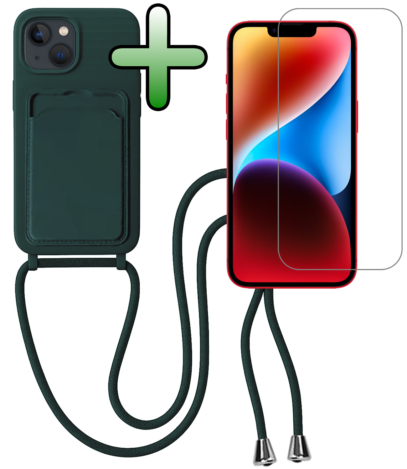 BASEY. BASEY. iPhone 14 Plus Hoesje Pashouder met Koord Met Screenprotector - Donkergroen