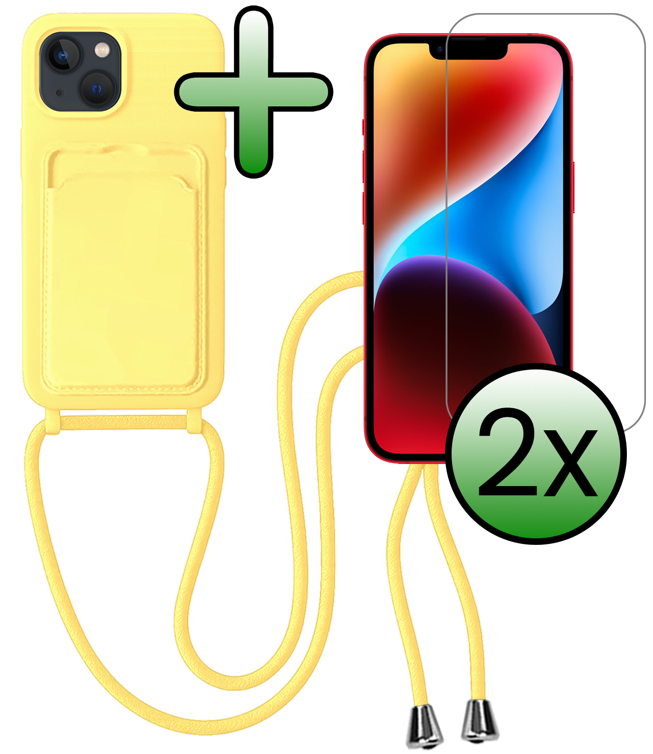 BASEY. BASEY. iPhone 14 Plus Hoesje Pashouder met Koord Met 2x Screenprotector - Geel