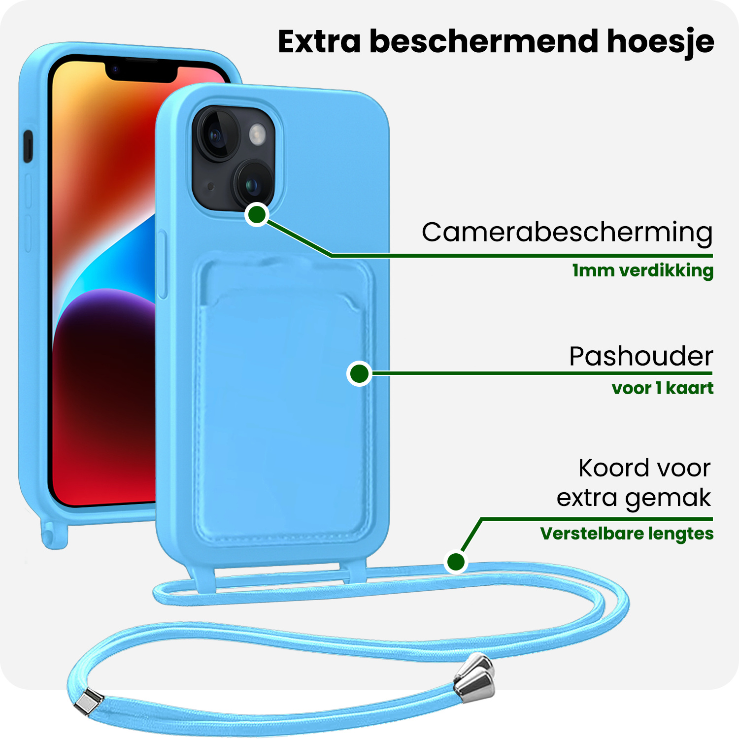 BASEY. BASEY. iPhone 14 Plus Hoesje Pashouder met Koord Met Screenprotector - Lichtblauw