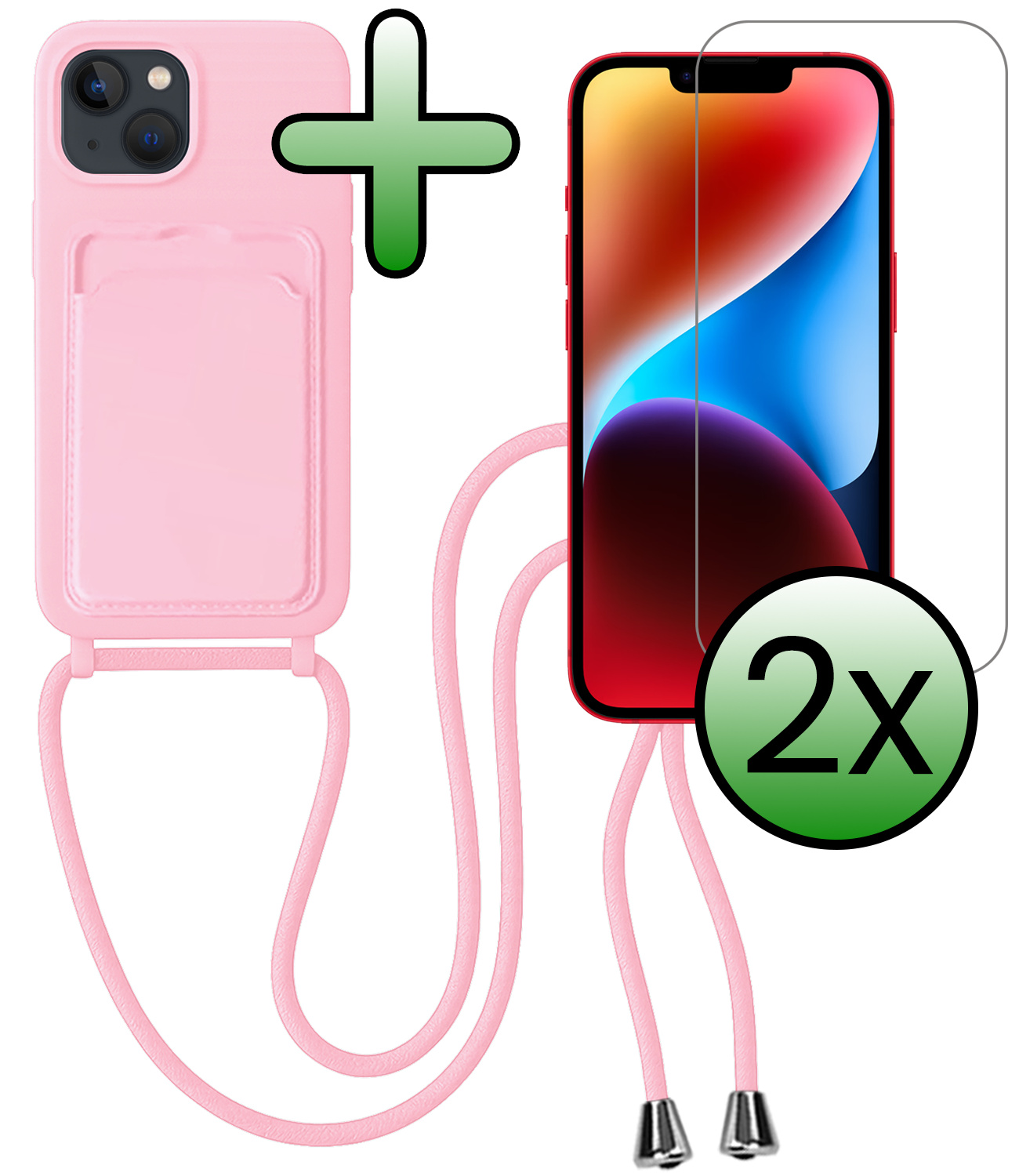 BASEY. BASEY. iPhone 14 Plus Hoesje Pashouder met Koord Met 2x Screenprotector - Lichtroze