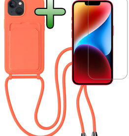 BASEY. BASEY. iPhone 14 Plus Hoesje Pashouder met Koord Met Screenprotector - Papaya