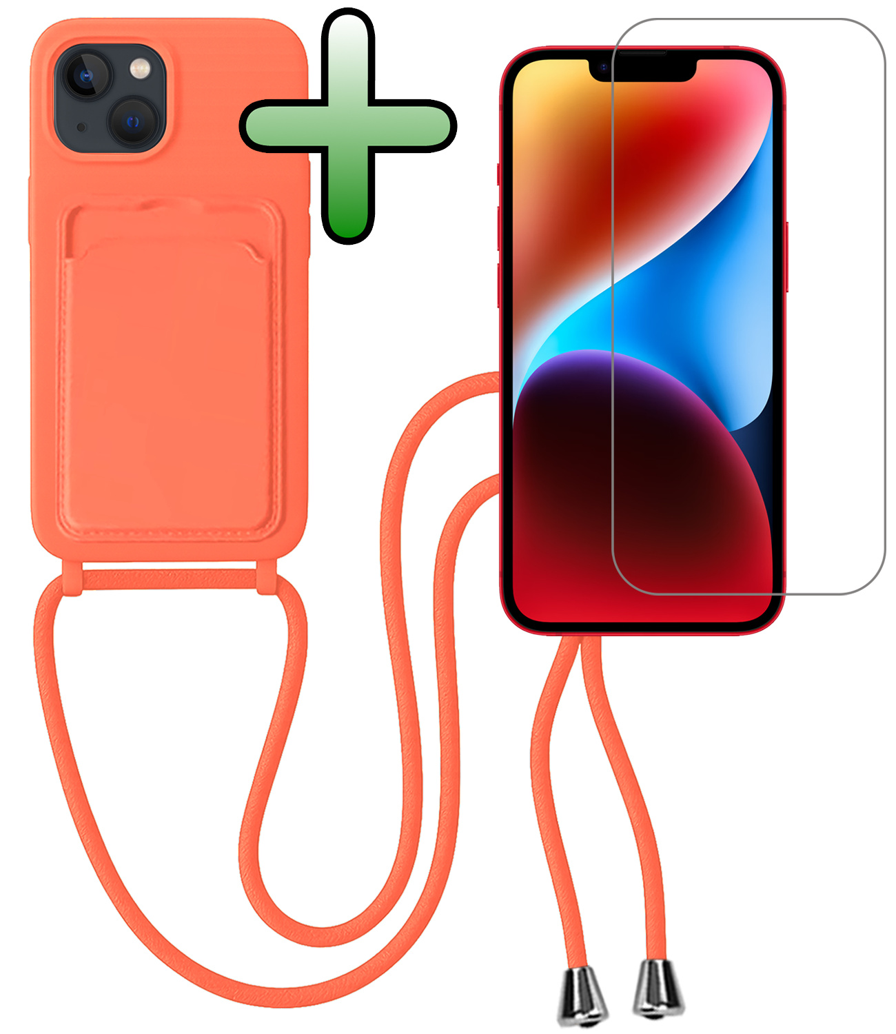 BASEY. BASEY. iPhone 14 Plus Hoesje Pashouder met Koord Met Screenprotector - Papaya
