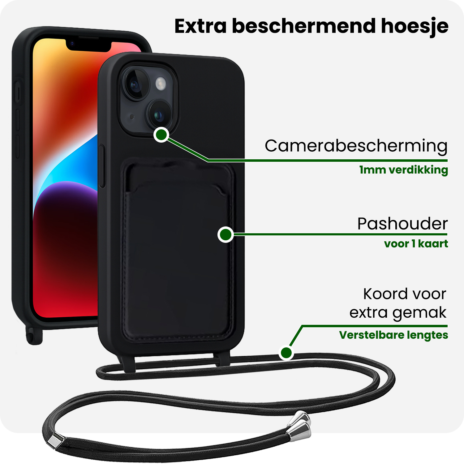 BASEY. BASEY. iPhone 14 Plus Hoesje Pashouder met Koord Met Screenprotector - Zwart