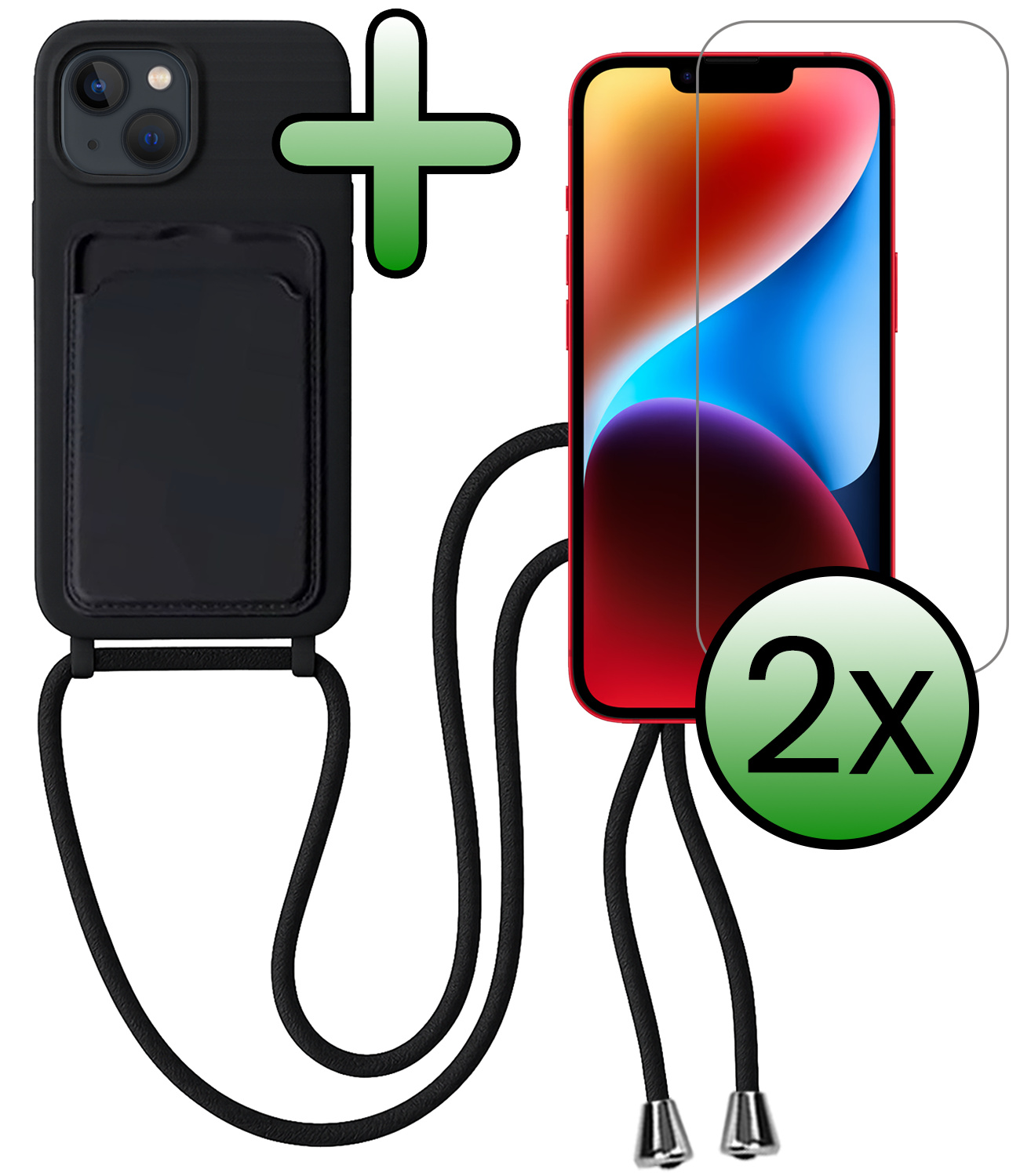 BASEY. BASEY. iPhone 14 Plus Hoesje Pashouder met Koord Met 2x Screenprotector - Zwart