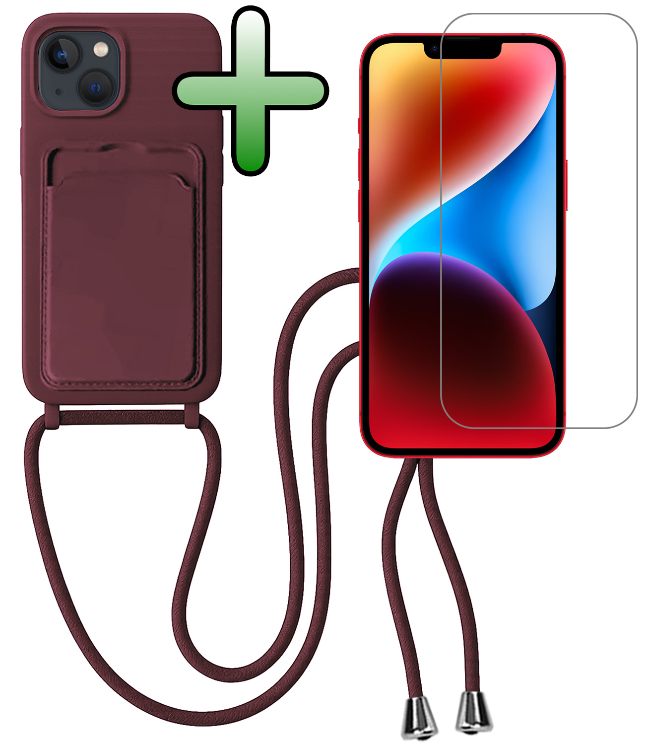 BASEY. BASEY. iPhone 14 Hoesje Pashouder met Koord Met Screenprotector - Aubergine