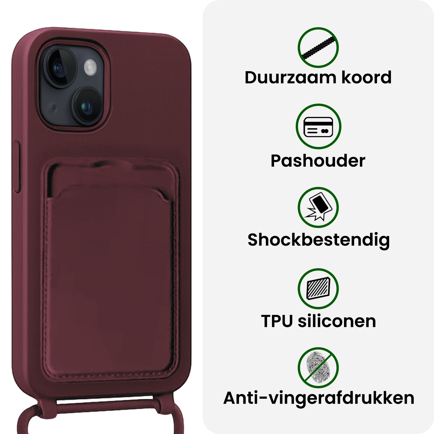 BASEY. BASEY. iPhone 14 Hoesje Pashouder met Koord Met Screenprotector - Aubergine