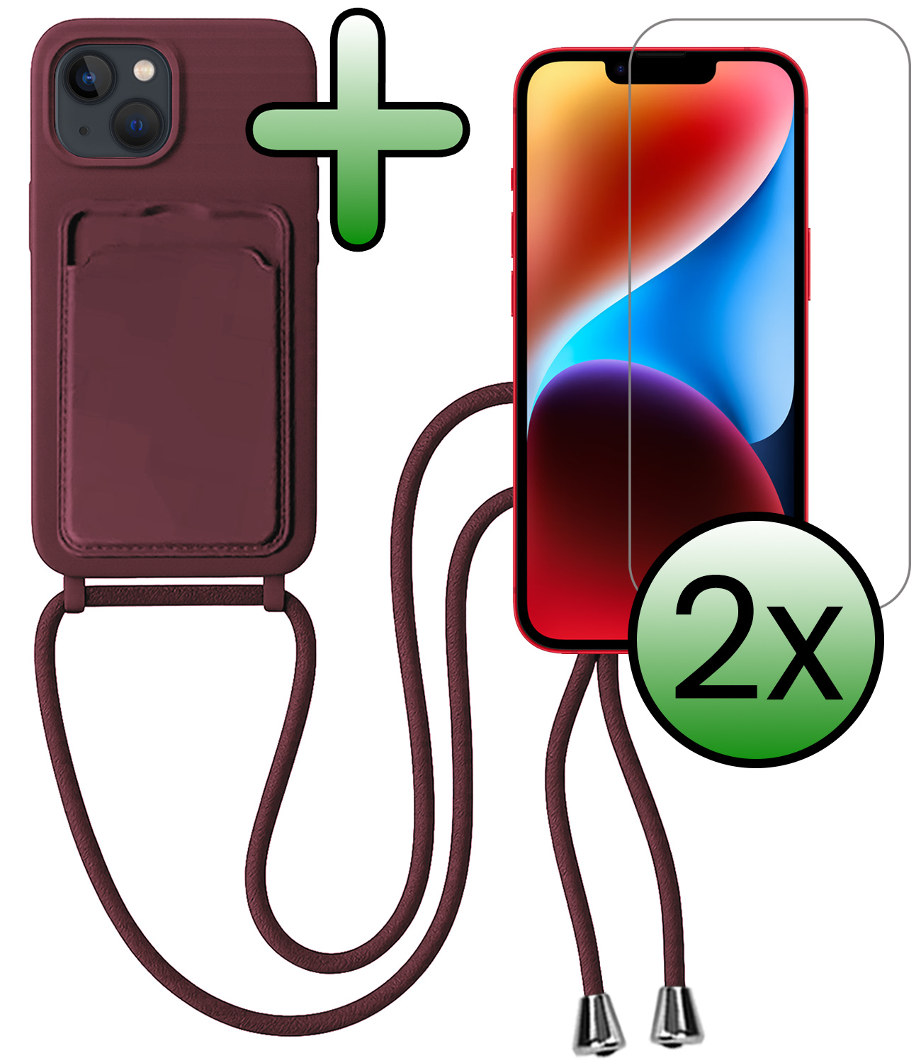 BASEY. BASEY. iPhone 14 Hoesje Pashouder met Koord Met 2x Screenprotector - Aubergine