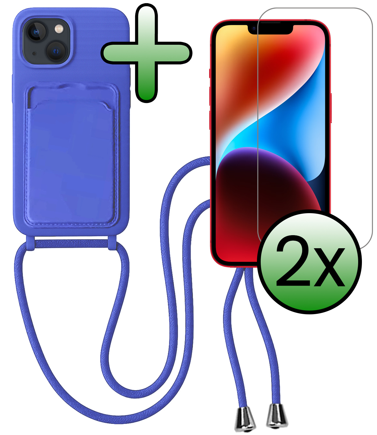 BASEY. BASEY. iPhone 14 Hoesje Pashouder met Koord Met 2x Screenprotector - Fel Blauw