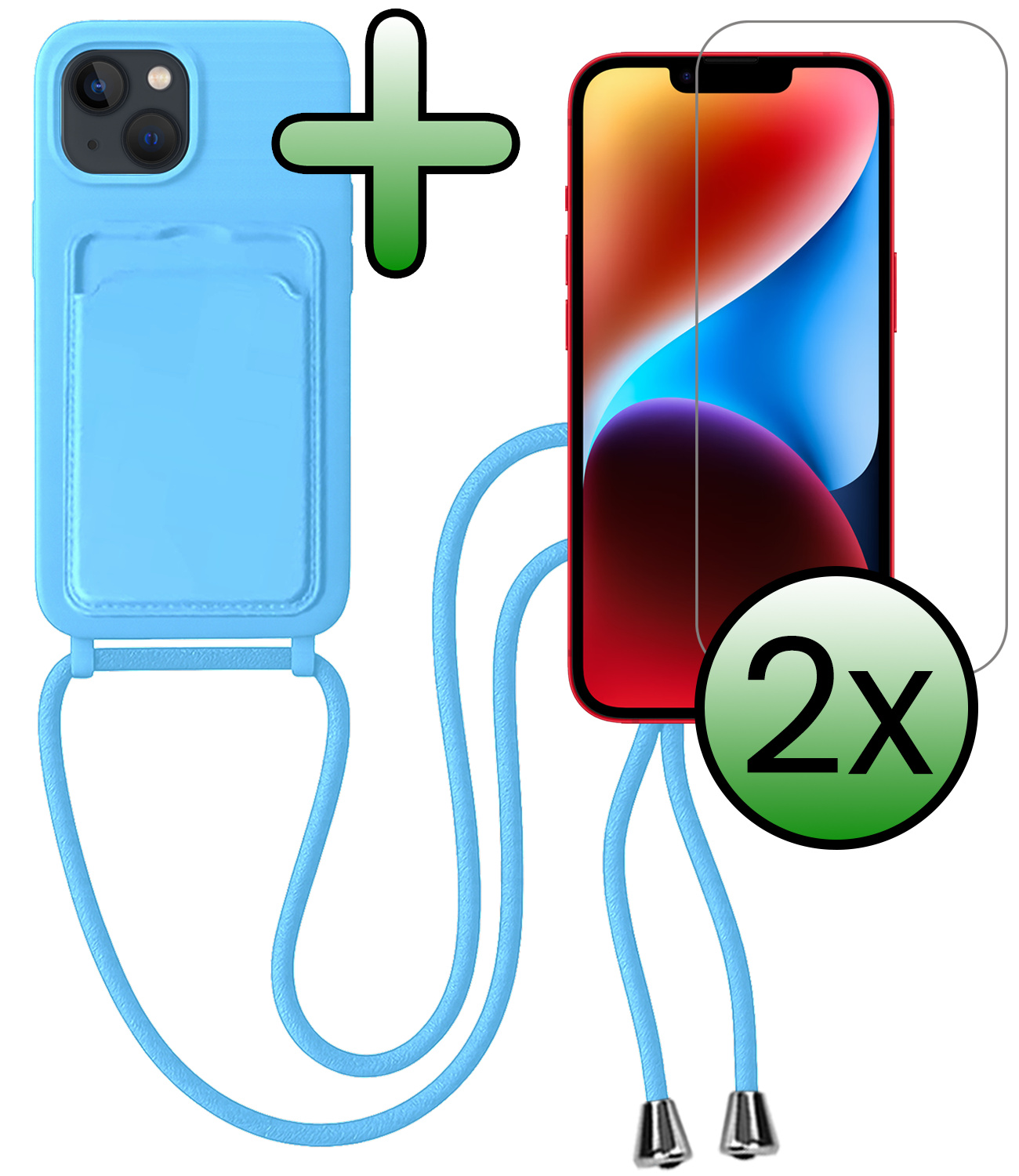 BASEY. BASEY. iPhone 14 Hoesje Pashouder met Koord Met 2x Screenprotector - Lichtblauw