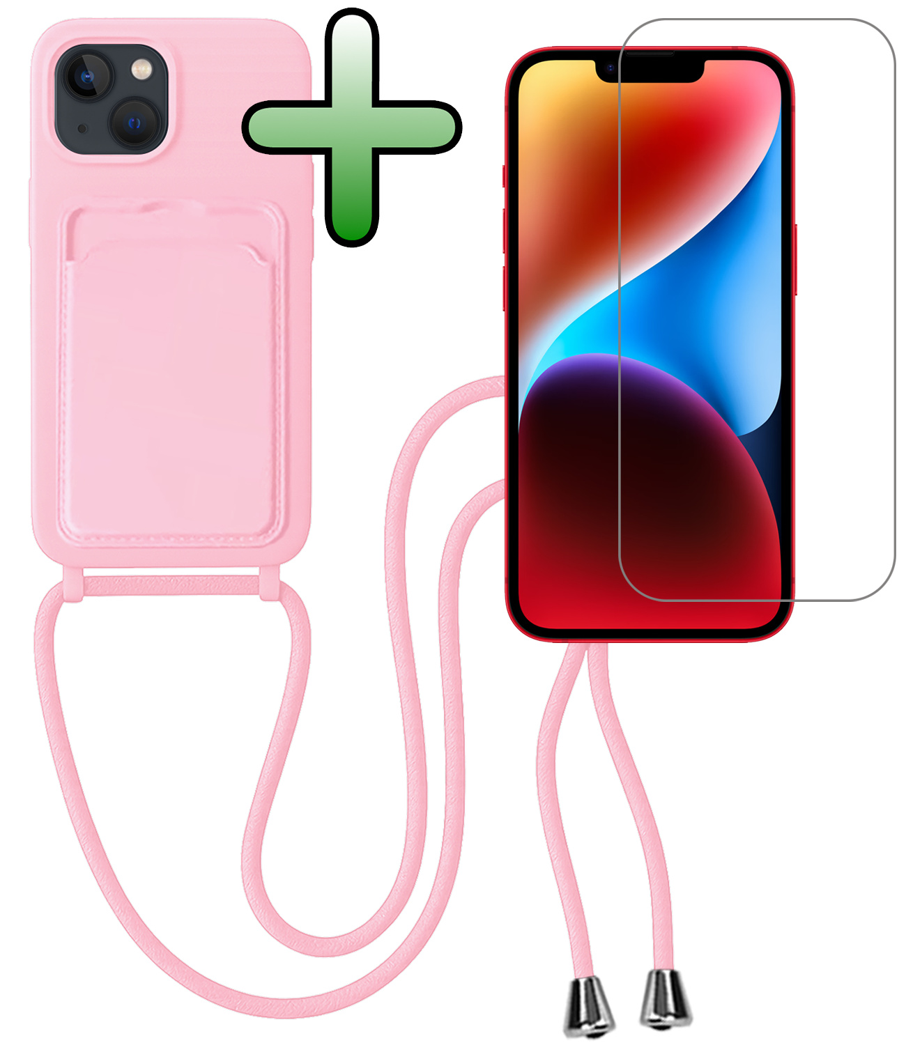 BASEY. BASEY. iPhone 14 Hoesje Pashouder met Koord Met Screenprotector - Lichtroze