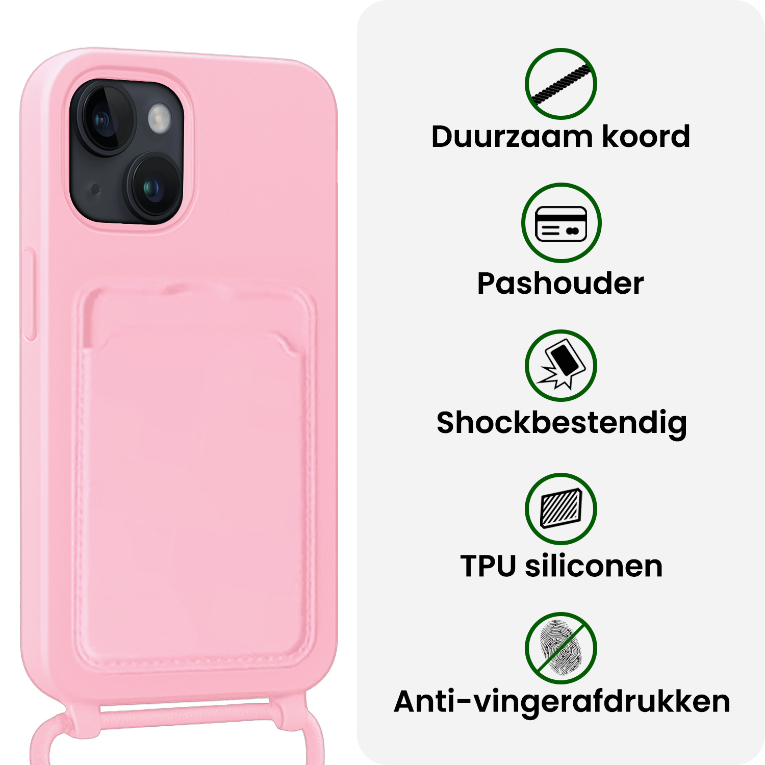 BASEY. BASEY. iPhone 14 Hoesje Pashouder met Koord Met Screenprotector - Lichtroze